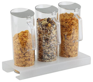 CEREAL BAR, 4 PCS SET WITH STAND HEIGHT 4CM: 1 STAND ACRYLIC FROSTED AND ASNTI-SLIP + 3 PITCHERS (1.5 LTR) WITH STAINLESS STEEL FLAP LID  38 X 17 X 4 H.CM