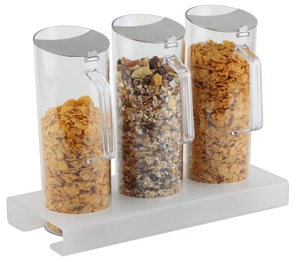 CEREAL BAR, 4 PCS SET WITH STAND HEIGHT 4CM: 1 STAND ACRYLIC FROSTED AND ASNTI-SLIP + 3 PITCHERS (1.5 LTR) WITH STAINLESS STEEL FLAP LID  38 X 17 X 4 H.CM