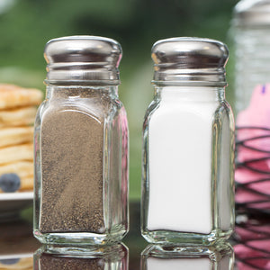 2 OZ SQUARE GLASS SALT AND PEPPER SHAKER WITH ST/ STEEL LID