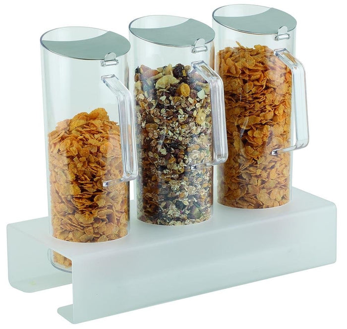 CEREAL BAR, 4 PCS SET WITH STAND HEIGHT 8CM: 1 STAND ACRYLIC FROSTED AND ASNTI-SLIP + 3 PITCHERS (1.5 LTR) WITH STAINLESS STEEL FLAP LID  38 X 17 X 8 H.CM